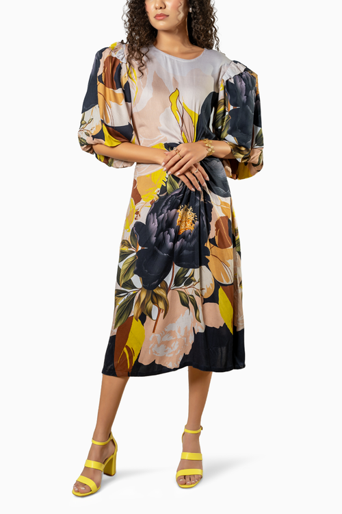 Multicolor Crepe Satin Cut Out Printed Dress