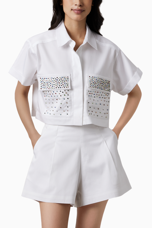 White Multicolor Swarovski Studs Shorts Co-ord Set