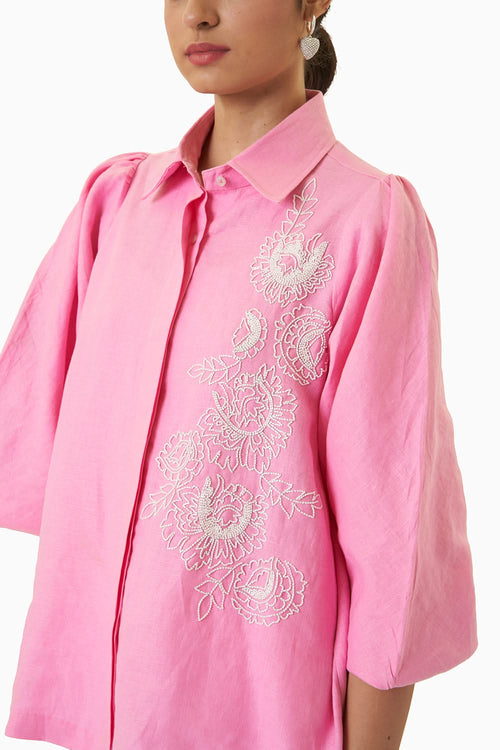 Pink Rose Embroidered Shirt