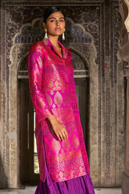 Fuschia Pink Silk Brocade Jacket and Orchid Crushed Skirt