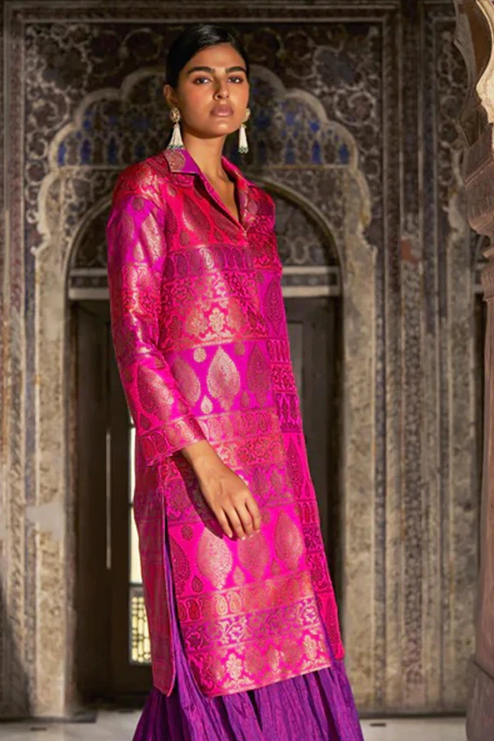 Fuschia Pink Silk Brocade Jacket and Orchid Crushed Skirt