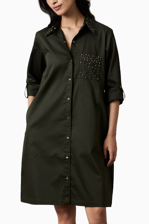 Olive Collar Pocket Swarovski Stud Shirt Dress