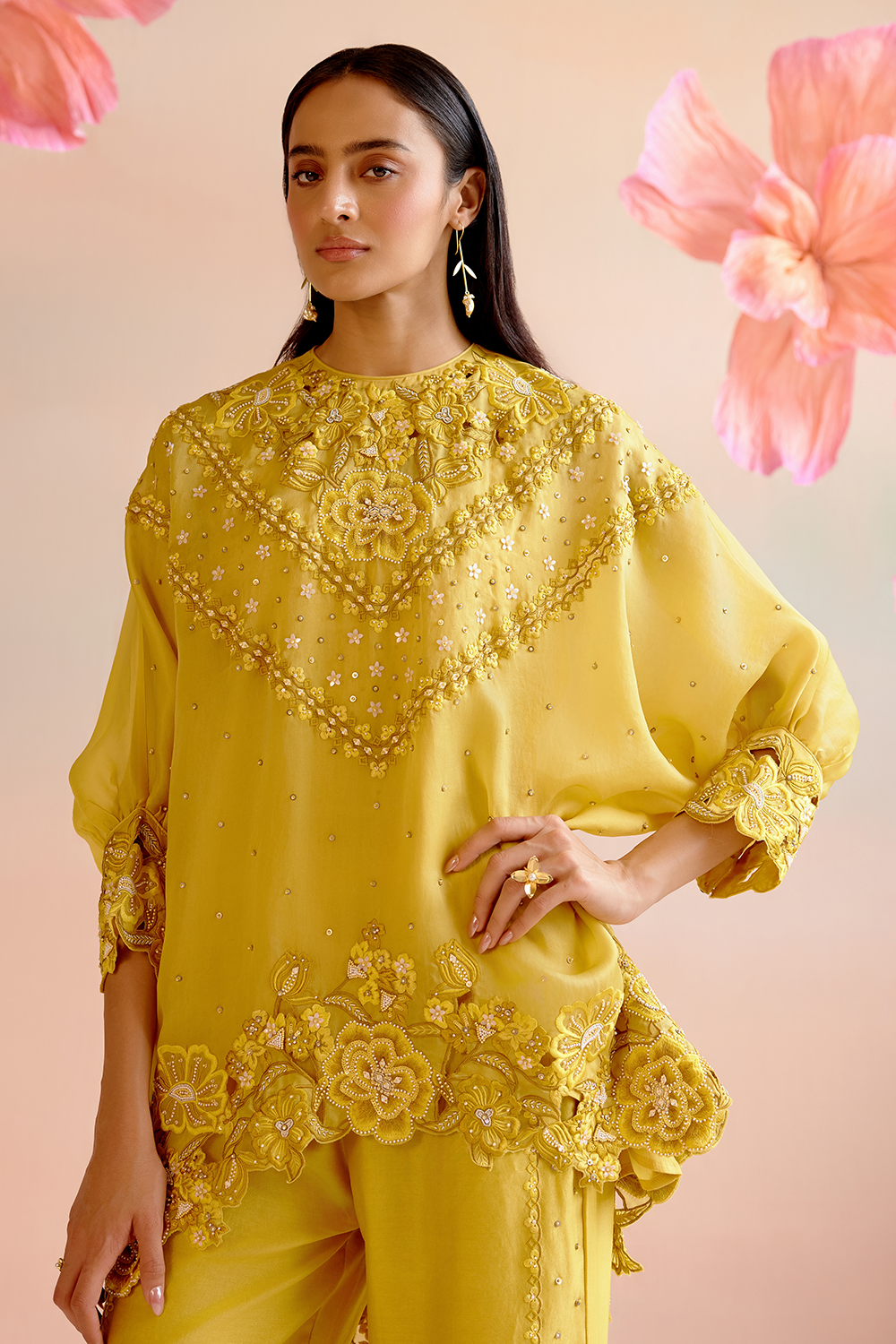 Yellow Multi Tonal Cutwork Kimono and Pant