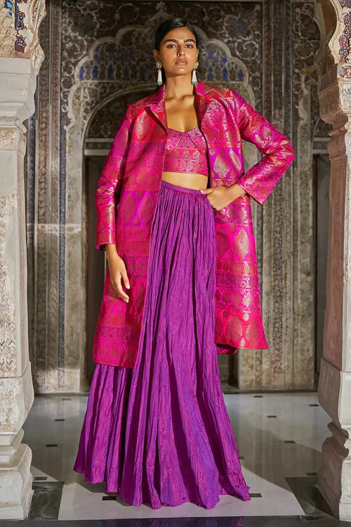 Fuschia Silk Brocade Jacket with Tissue Bralette and Orchid Crushed Skirt