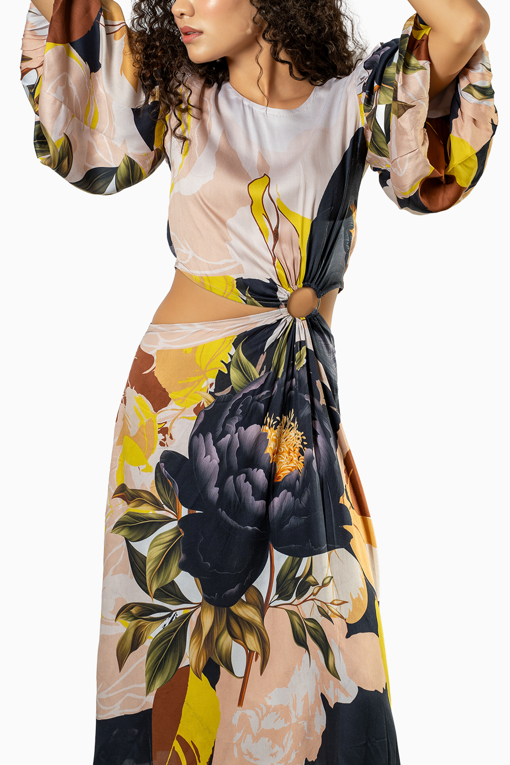 Multicolor Crepe Satin Cut Out Printed Dress