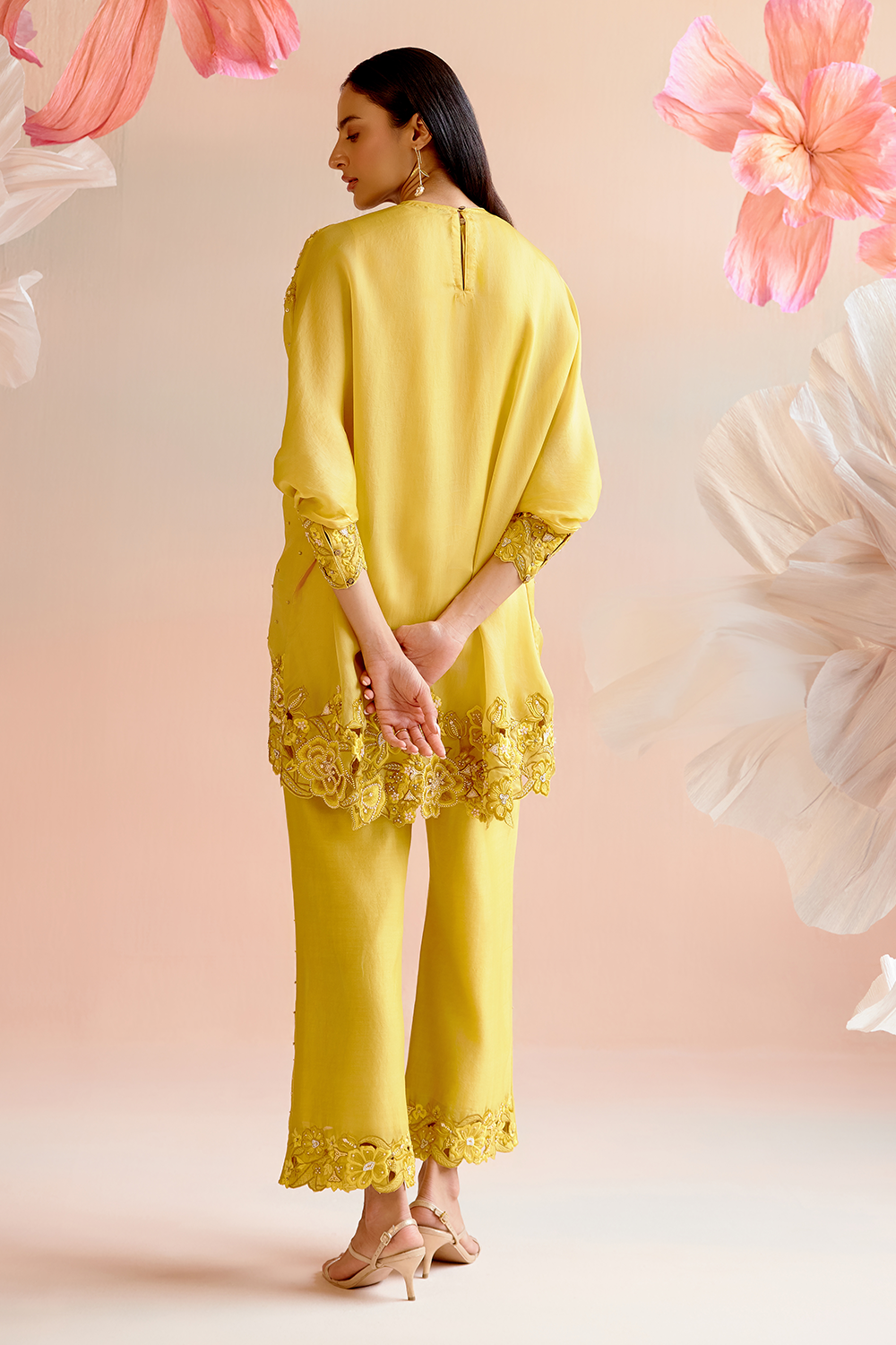 Yellow Multi Tonal Cutwork Kimono and Pant