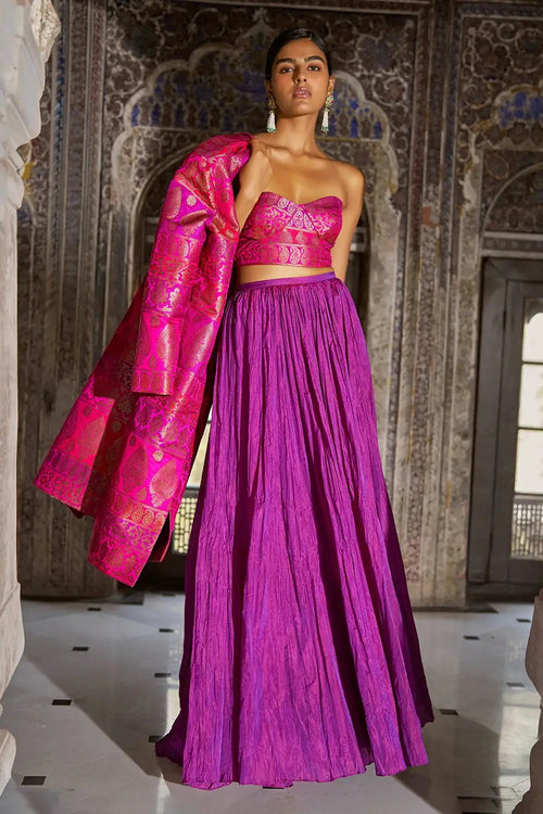Fuschia Pink Benares Silk Brocade Bralette and Orchid Crushed Skirt