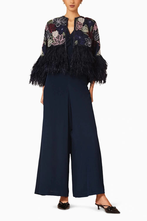 Midnight Blue Embroidered Feather Jacket With Cropped Jumpsuit