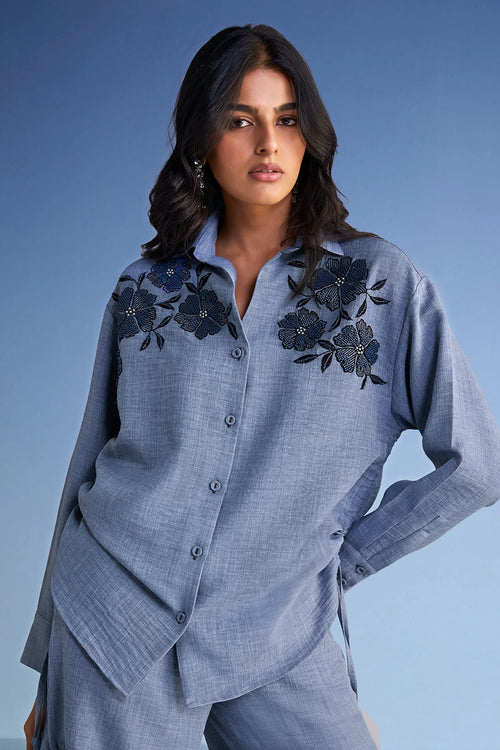 Beaded Linen-Textured Shirt and Wide-Legged Pant Set