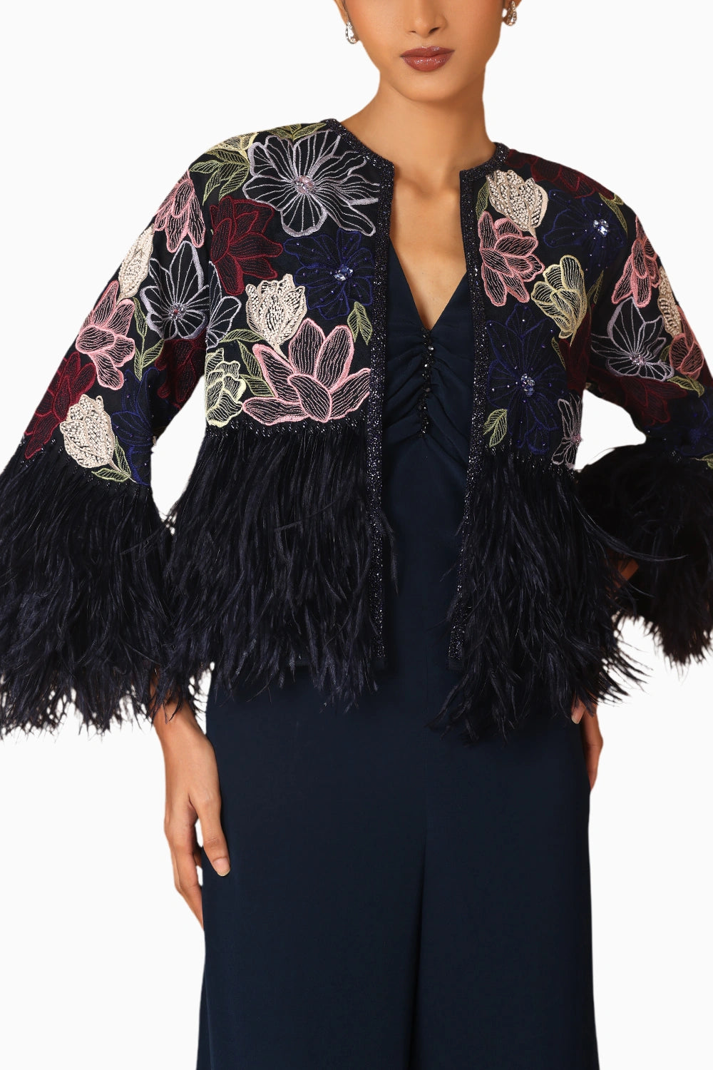 Midnight Blue Embroidered Feather Jacket With Cropped Jumpsuit