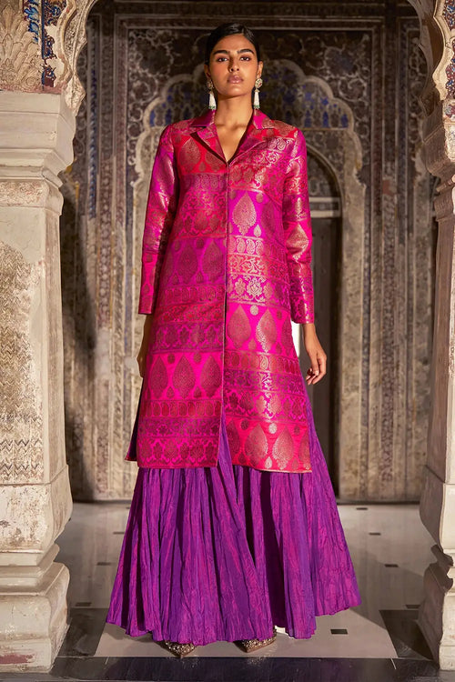 Fuschia Pink Silk Brocade Jacket and Orchid Crushed Skirt