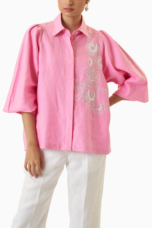 Pink Rose Embroidered Shirt