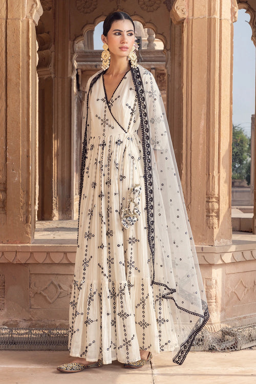 Black and White Big Flower Angrakha with Embroidered Dupatta