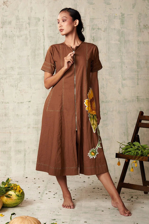 Brown Sunflower Applique Dress