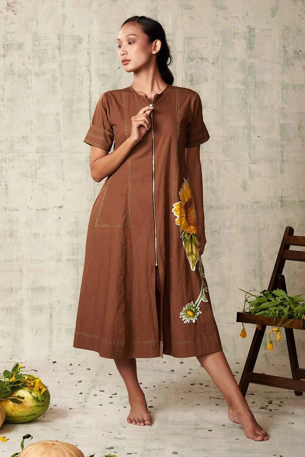 Brown Sunflower Applique Dress