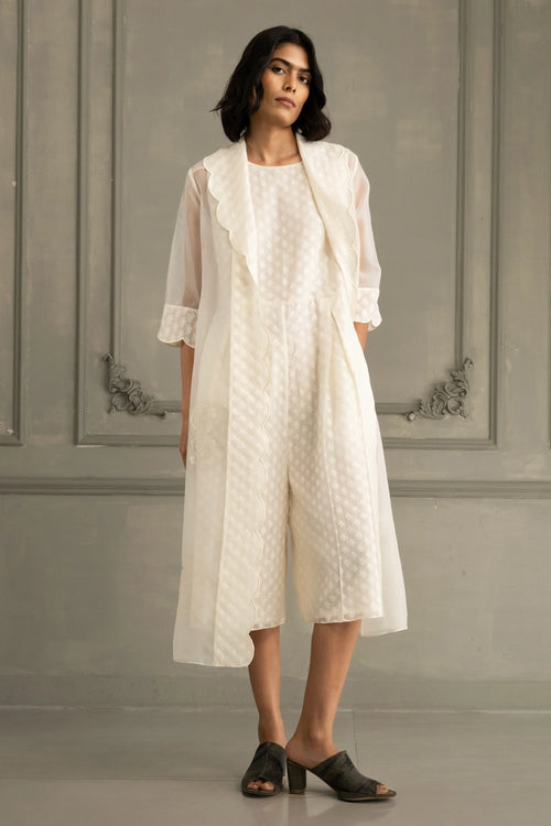Ivory Scalloped Organza Jacket And Brocade Jumpsuit