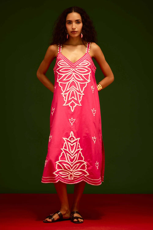 Fuchsia Strappy Embroidered Cotton Dress
