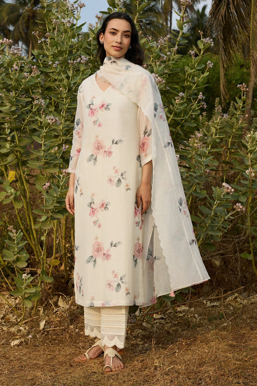 Ivory Floral Print Kurta Set
