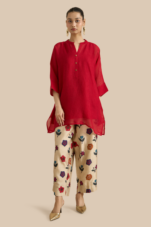Red Organza Silk Tunic And Pants Set