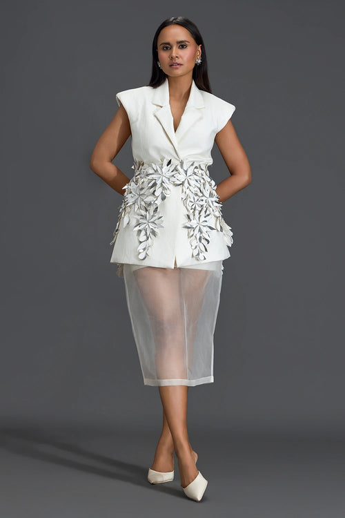 Silver 3D Floral Blazer Dress with Organza Overlay