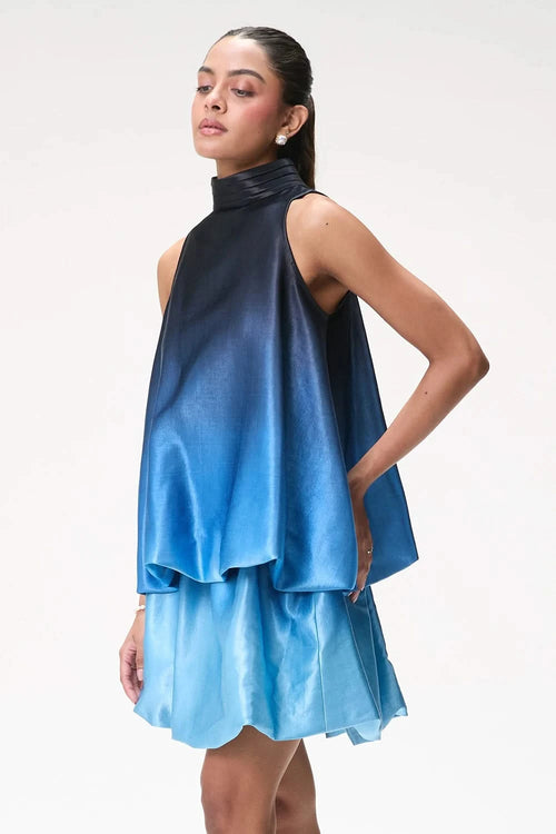 Midnight Blue Ombré Bubble Hem Halter Top with Mini Skirt
