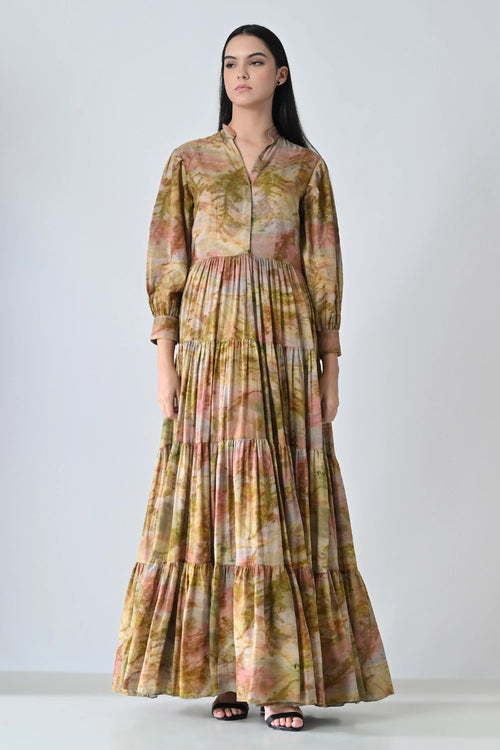 Autumn Biege Bloom Tiered Printed Dress