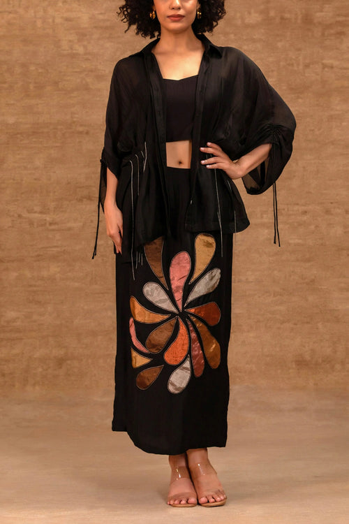 Silk Black Chanderi Pleated Shirt With Tissue Applique Skirt