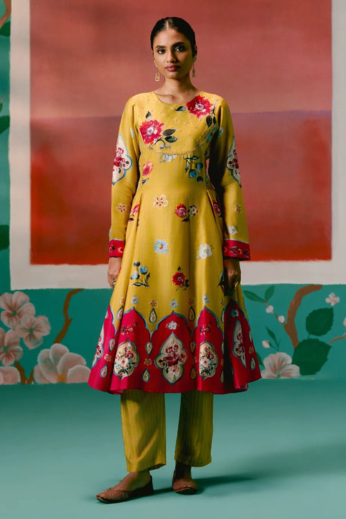 Mustard and Pink Floral Anarkali Set