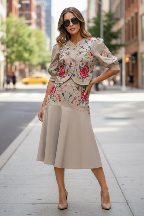 Spring Bloom Embroidered Sand Skirt Set