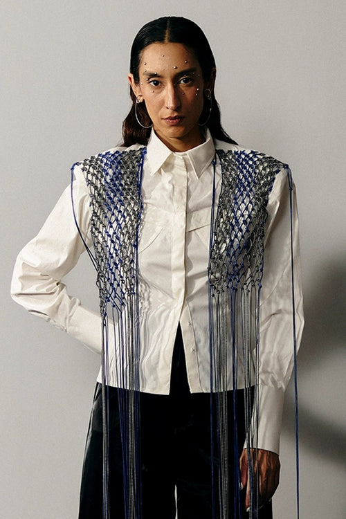 Off-White Corset Shirt With Hand Knotted Macrame