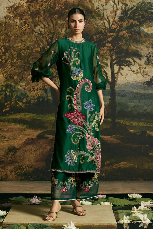 Emerald Green Paisley Detail Kurta With Pants