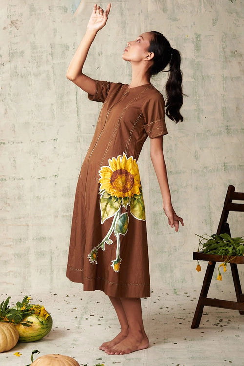 Brown Sunflower Applique Dress