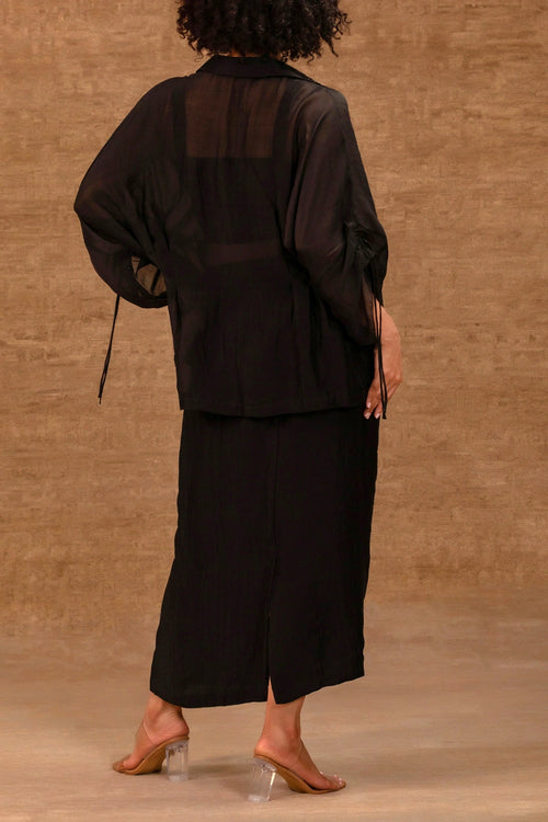 Silk Black Chanderi Pleated Shirt With Tissue Applique Skirt