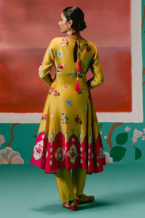 Mustard and Pink Floral Anarkali Set with Dupatta