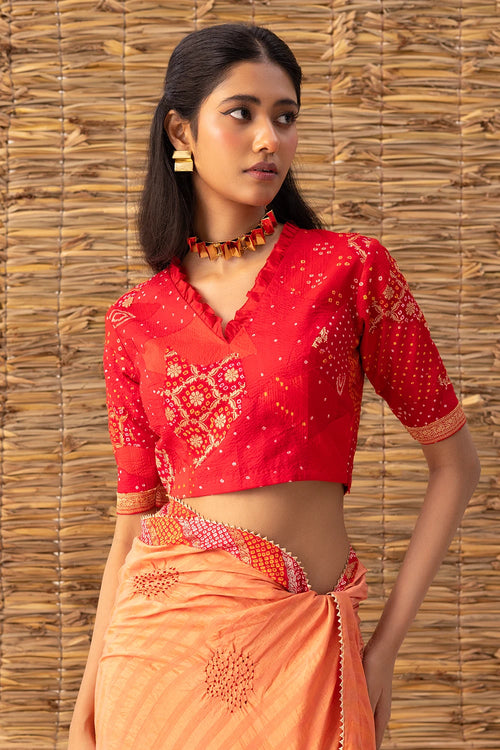 Polka Bandhani Saree With Patchwork Blouse