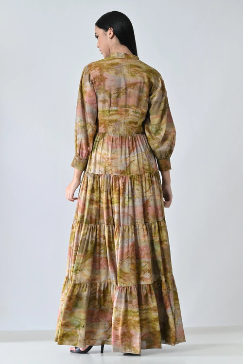 Autumn Biege Bloom Tiered Printed Dress
