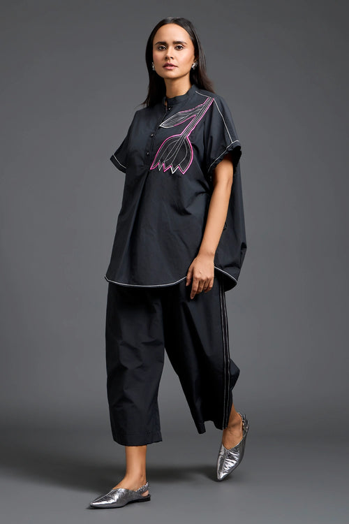 Black Oversized Floral Shirt Co-ord Set