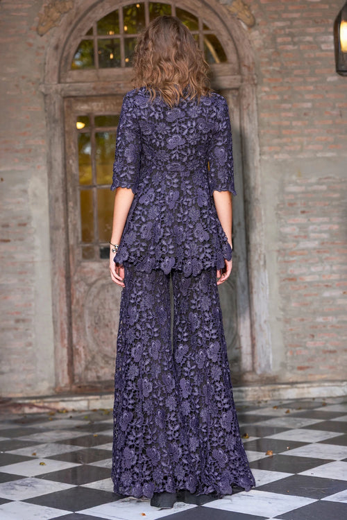 Blue Embroidered Lace Flared Pant