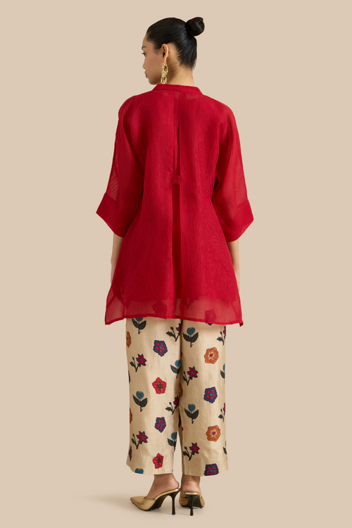 Red Organza Silk Tunic And Pants Set