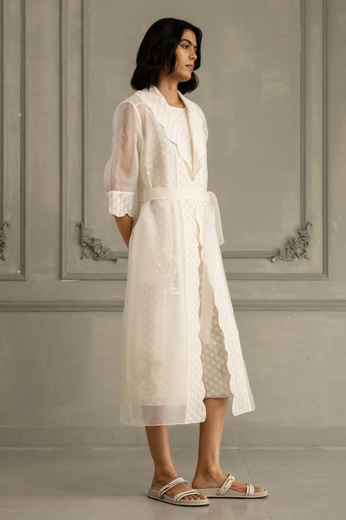 Ivory Scalloped Organza Jacket And Brocade Jumpsuit