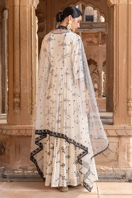 Black and White Big Flower Angrakha with Embroidered Dupatta