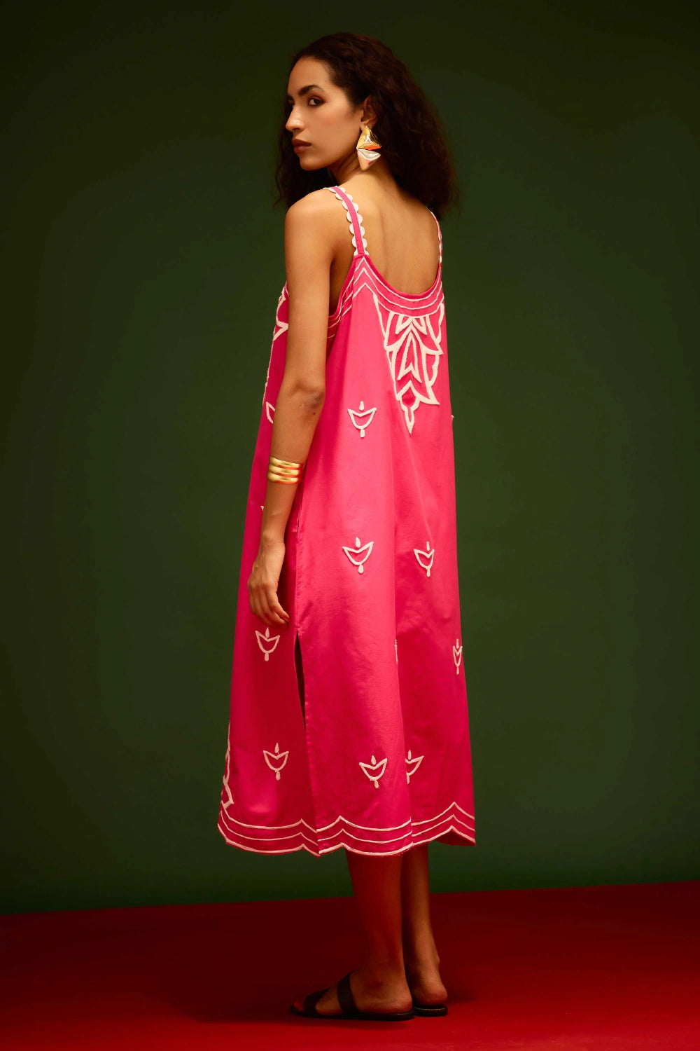 Fuchsia Strappy Embroidered Cotton Dress