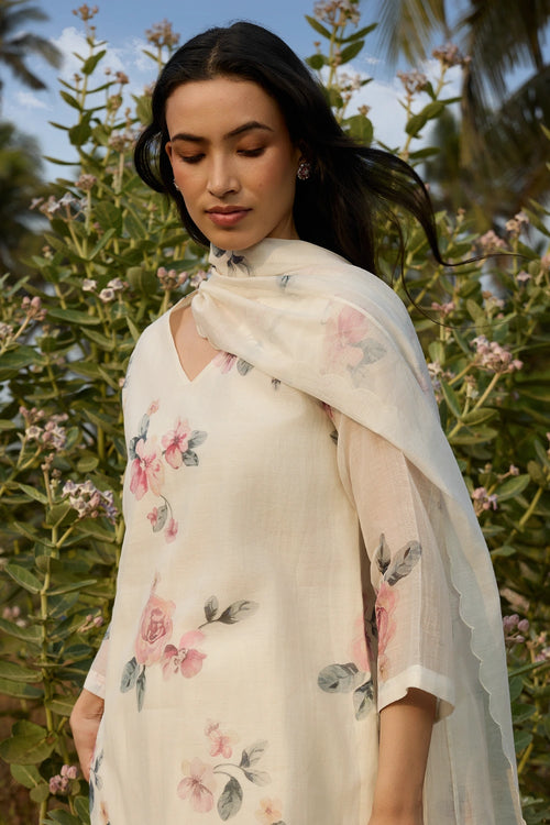 Ivory Floral Print Kurta Set