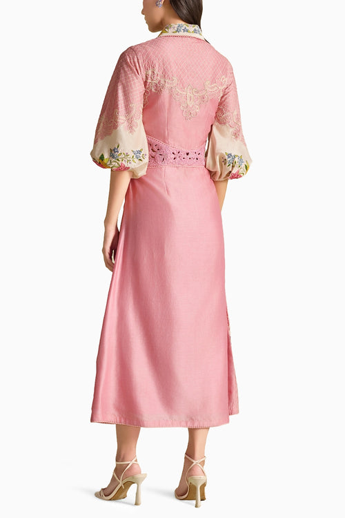 Pink And Ivory Color Block Embroidered Dress