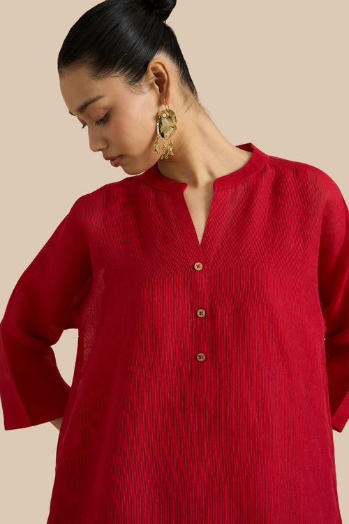 Red Organza Silk Tunic And Pants Set