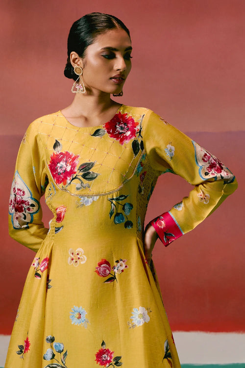 Mustard and Pink Floral Anarkali Set