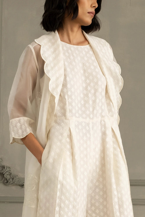 Ivory Scalloped Organza Jacket And Brocade Jumpsuit