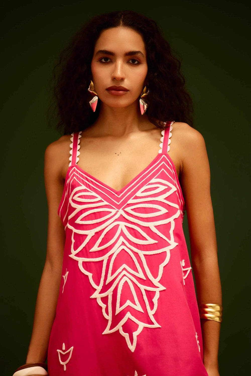 Fuchsia Strappy Embroidered Cotton Dress