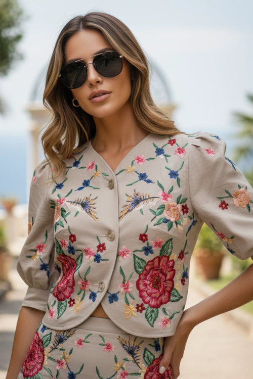 Spring Bloom Embroidered Sand Skirt Set