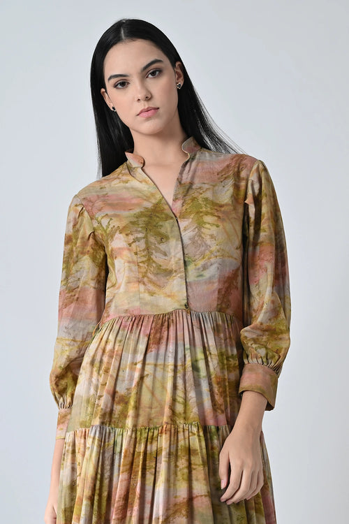 Autumn Biege Bloom Tiered Printed Dress